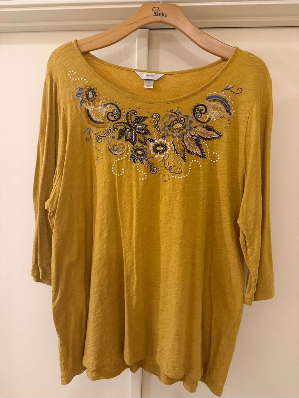CJ Banks Mustard Yellow Embroidered Scoop-Neck Top
